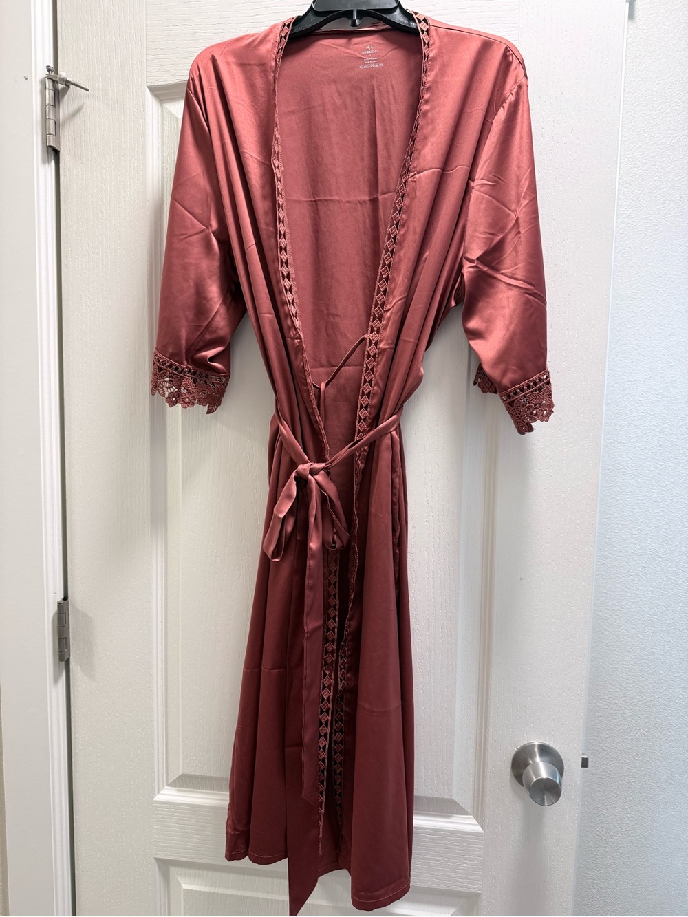 Long Satin Lace-Trim Robe in Rust